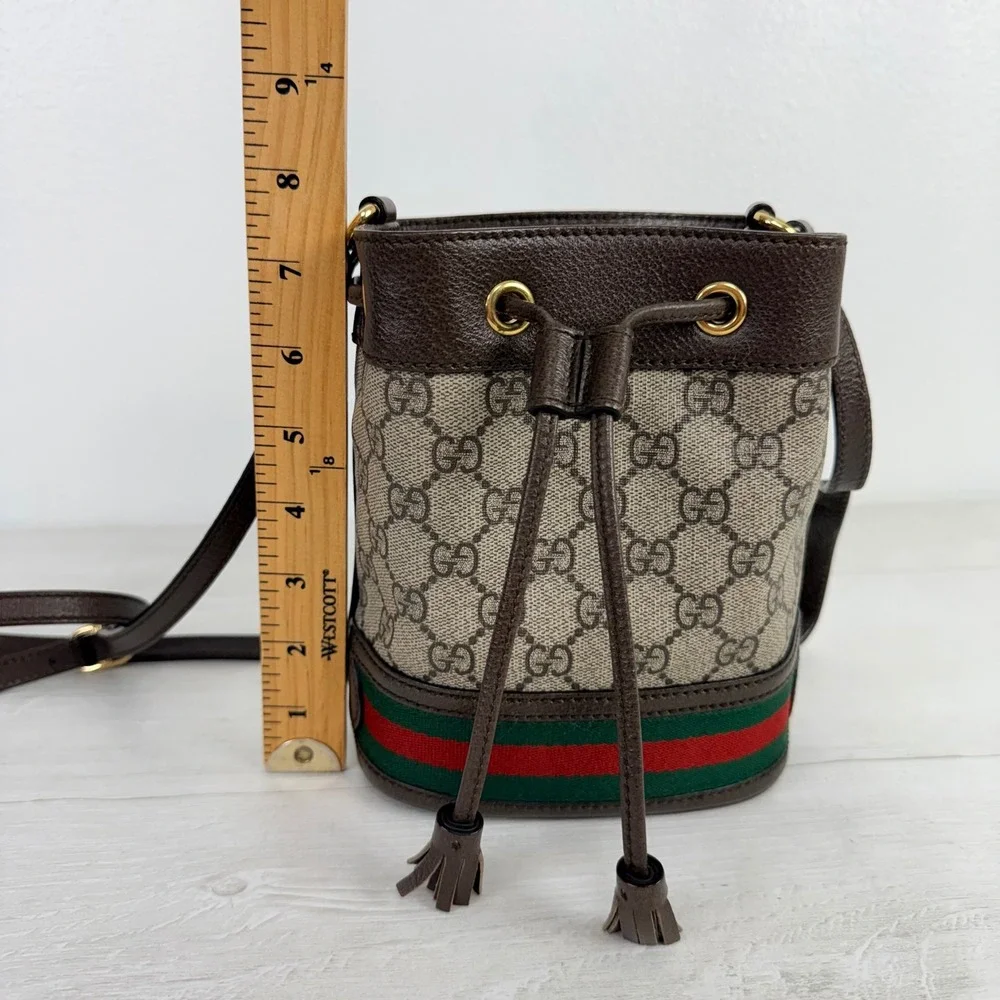 Gucci Ophidia Mini Bucket Crossbody Bag GG Supreme Web Stripe Tassel Luxury Chic